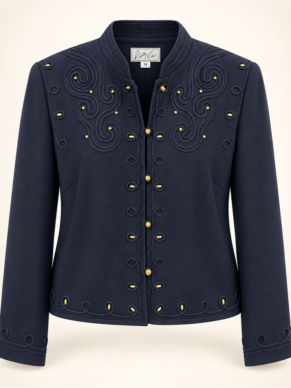 Kathy Che Size 14 Navy Soutache Embellished Gold Accent Jacket Blazer